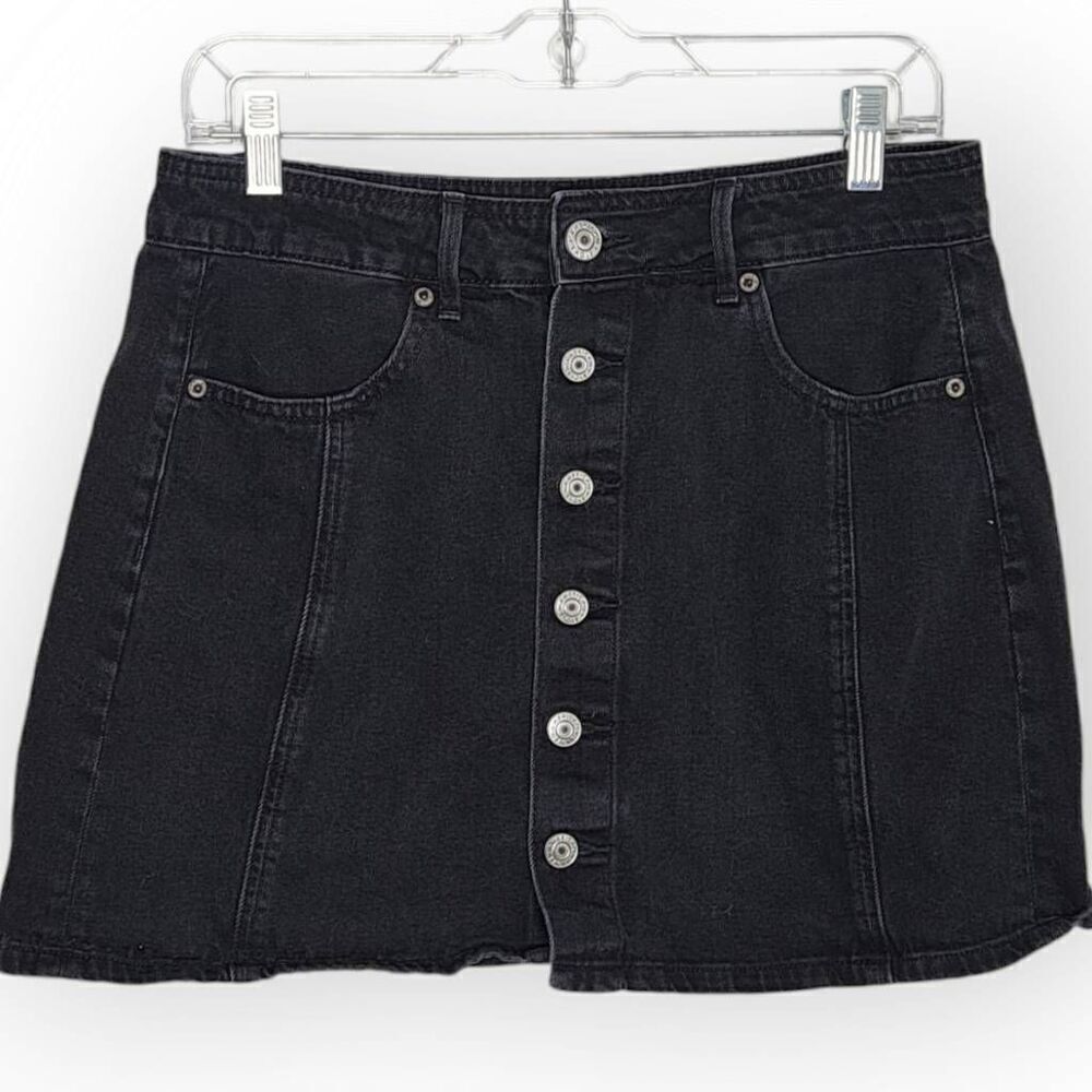 American Eagle Women's Hi Rise A Line Skirt Black Denim Button Fly size 8 - Picture 1 of 6